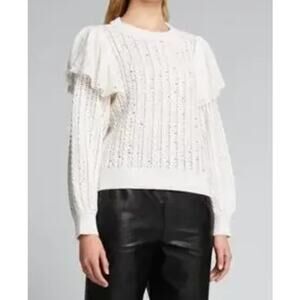 Alice + Olivia Women’s M Rosi Ruffle Sequin Cream Sweater Feminine Warm Winter